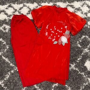 Girls Red Beaded Floral Design Vietnamese Traditional Ao Dai Dress Outfit Set